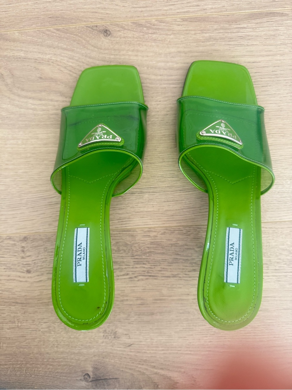 Prada Lime Patent Slide Mules with Logo Plaque